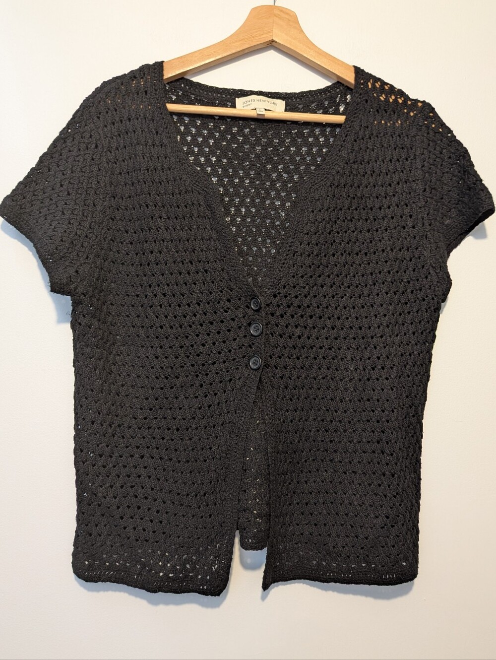 Jones New York Sport Black Open Knit Crochet Cardigan Size L